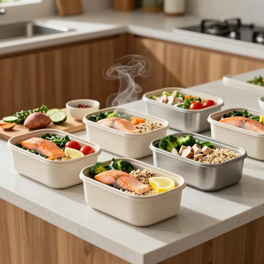 Weekly meal prep boxes with balanced meals, fresh ingredients, and a ceramic bowl on a bright kitchen counter.