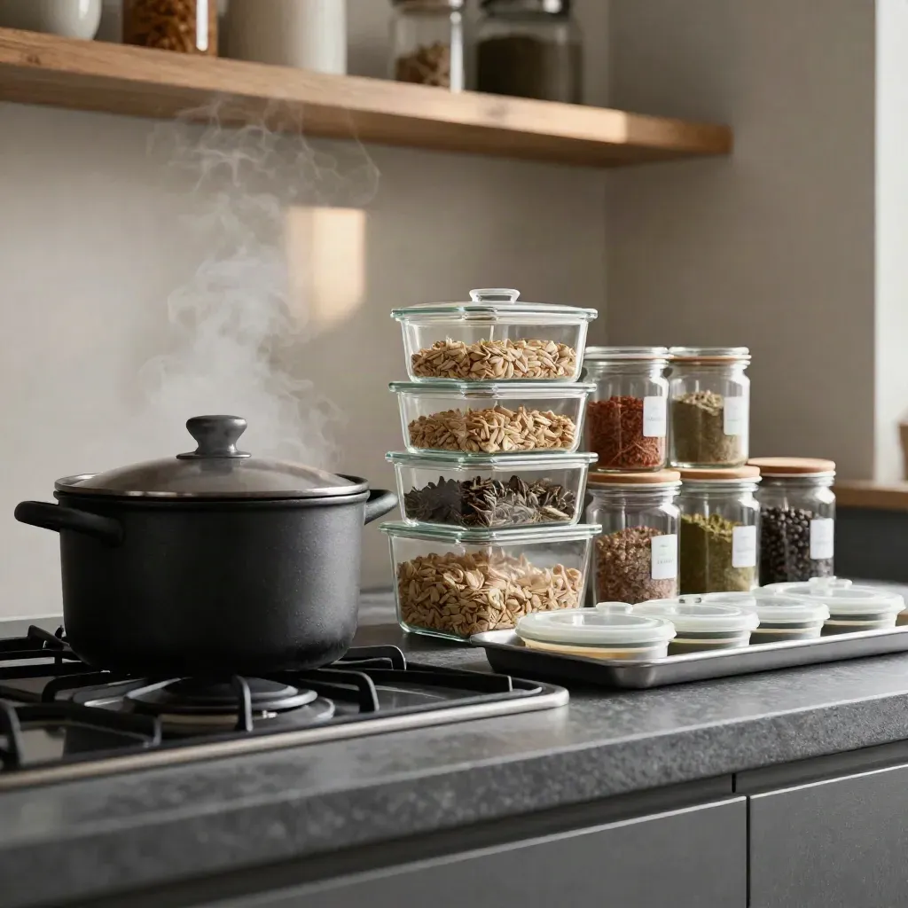 Steam rising over stacked glass meal-prep containers, spice jars, tray and stockpot on a charcoal counter.