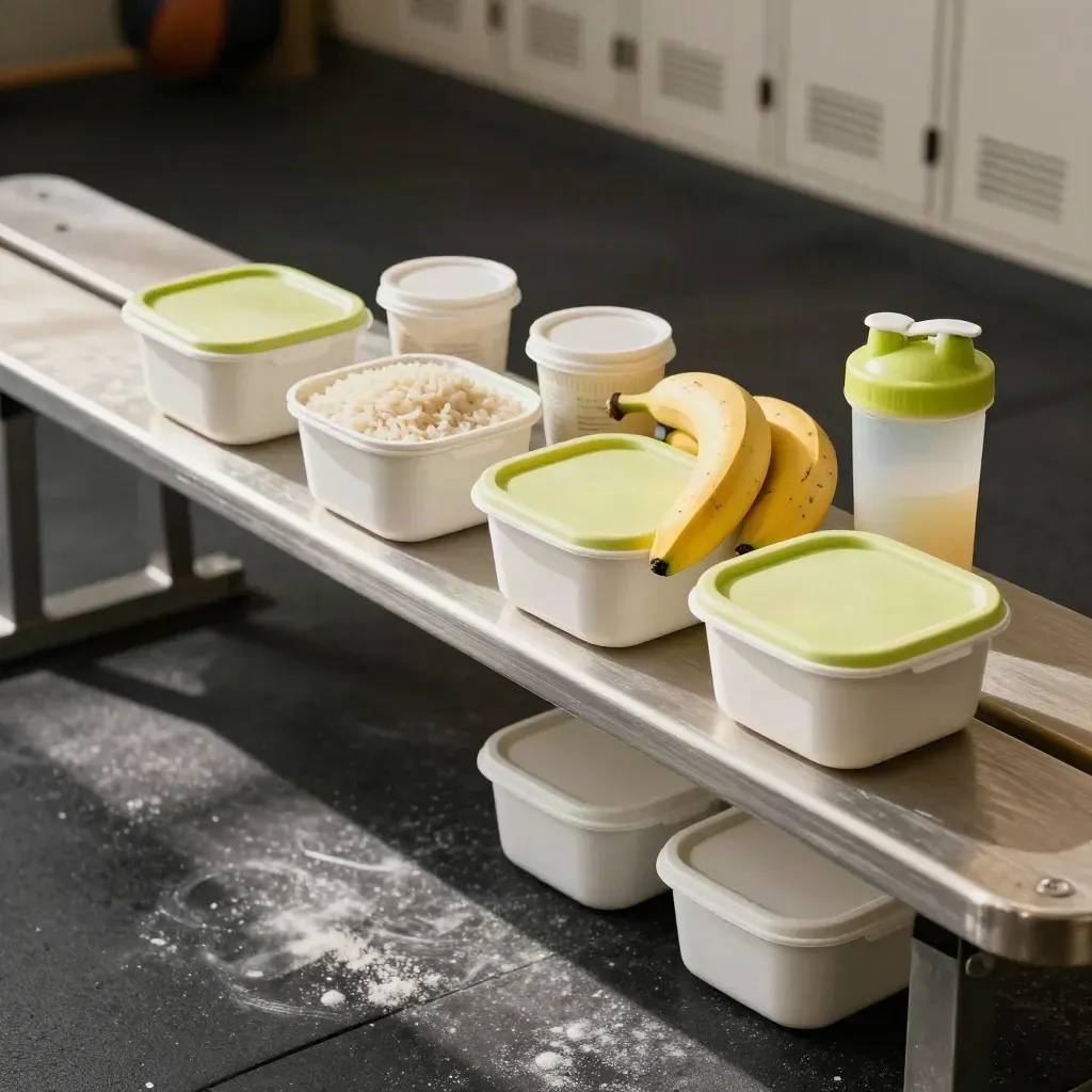 Meal boxes, rice cups, bananas and a shaker on a moody locker-room bench under gym light.