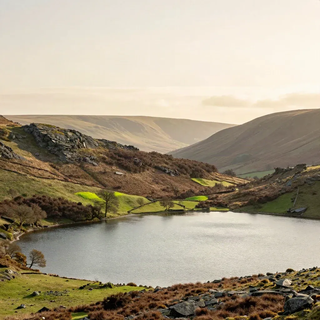 Lake District fell line above a still tarn under warm evening haze